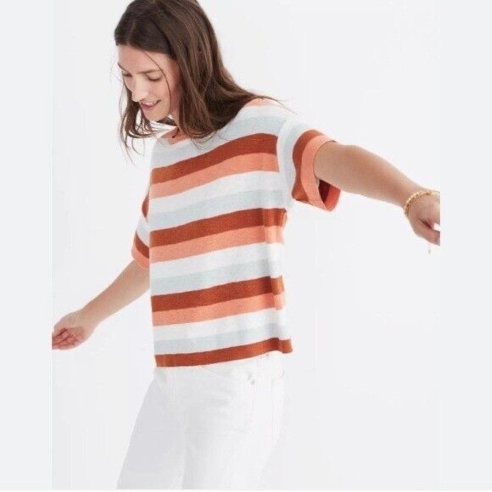 ⭐️ Madewell Striped Rust Orange Gray White Striped Short Sleeve Sweater XXS